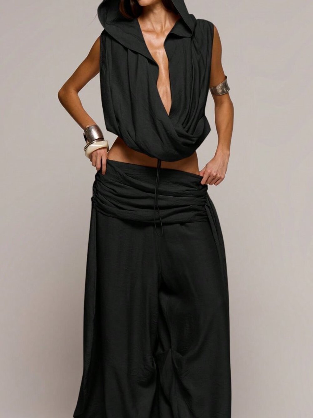 Black Sexy Women's Textured Cowl Plunge Hooded Top Night Out - Picture 5 of 6